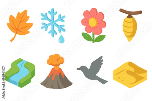 Nature’s Change set icons in modern isometric flat vector style: autumn leaf, melting snowflake, blooming flower, cocoon, flowing river, volcano eruption, migrating bird, shifting