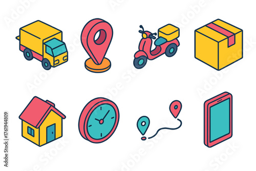 Last-Mile flat isometric set: delivery truck, map pin, scooter, package, house, clock, route line, smartphone.