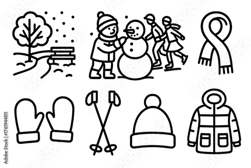 Cold Weather Play outline icon set: snow-covered park, snowman building, skating pair, scarf, mittens, ski poles, hat, warm coat.