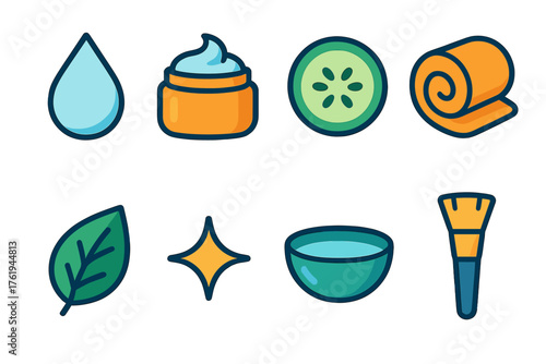 Hydrating Masks flat icons: droplet, cream jar, cucumber slice, towel, leaf, spark, bowl, brush.