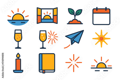 New Year New Beginnings flat icons: sunrise, open window, seedling, blank calendar, champagne flute, fireworks, paper plane, starburst, candle, notebook, spark, horizon light. , ,