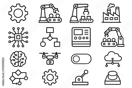 Automation outline icon set: gear, conveyor belt, robotic arm, factory, circuit board, flowchart, control panel, assembly line, AI brain, drone, switch, cloud network, algorithm