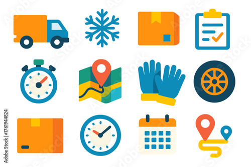 Winter Logistics flat icons: delivery truck, snowflake, package, clipboard, stopwatch, map, gloves, tire, box, clock, calendar, route pin.