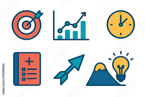 Strategic Goals flat icons: target board, chart line, checklist paper, time icon, plan book, dart arrow, light bulb, success mountain. , , High resolution, sharp vector-like