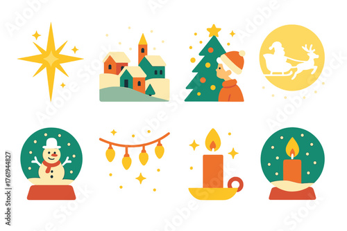 Christmas Wonder flat icons: glowing star, snowy village, child looking at tree, twinkling lights, Santa silhouette, reindeer in moonlight, snow globe, candle glow.