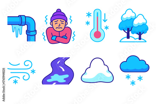 Extreme Cold flat isometric set: frozen pipes, shivering figure, ice-covered trees, thermometer drop, frosty air, icy road, snowdrift, cloudy sky.