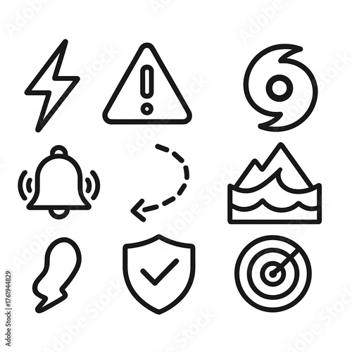 Severe Weather Alerts outline icon set: lightning bolt, warning triangle, hurricane swirl, flood wave, alert bell, storm path, safety icon, radar symbol.