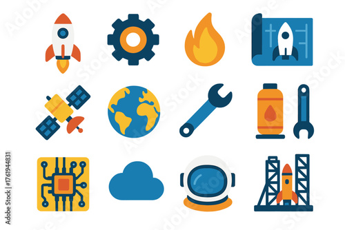 Rocket Engineering flat icons: rocket, gear, flame, blueprint, satellite, globe, wrench, fuel tank, circuit board, cloud, astronaut helmet, launch pad. , , High resolution, sharp