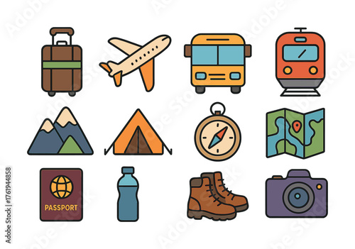 Travel essentials: transportation, camping, and navigation icons