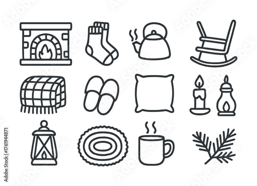 Cozy home icons: blanket, teapot, rocking chair, fireplace, candle, lantern, mug