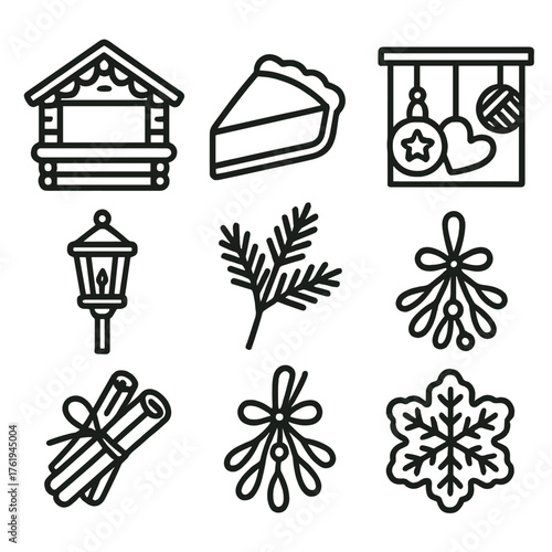 Festive Market Stalls — rustic monoline icons outline icon set: log cabin booth, pie slice, pine decor, handmade crafts, lantern post, bundled spices, mistletoe bunch, snowflake