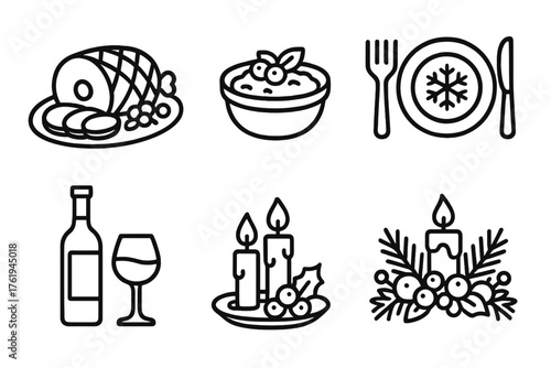 Winter Holidays Festive Meals outline icon set: ham platter, cranberry sauce, festive dishware, wine bottle, glowing candles, table centerpiece. , , High resolution, sharp
