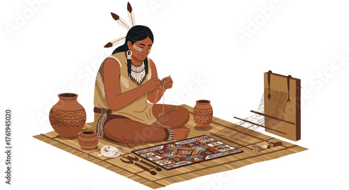 Native American woman sitting on a woven mat, crafting with pottery and a loom in a traditional setting.