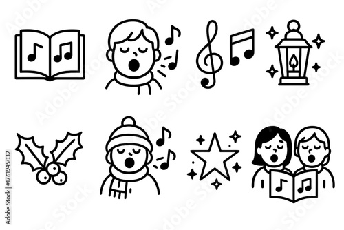 Christmas Market Carol Singing outline icon set: open hymnal, singing faces, treble clef, lantern light, holly leaf, scarfed singer, starry night, musical notes. , , High