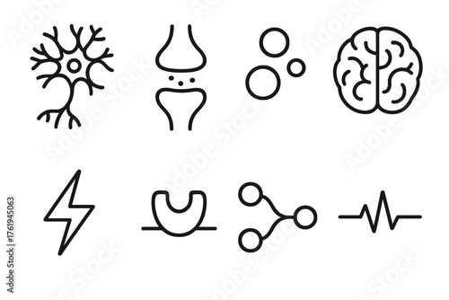 Neurotransmitter basics outline icon set: neuron cell, synapse gap, chemical bubbles, brain outline, spark icon, receptor site, neural pathway, electric pulse.