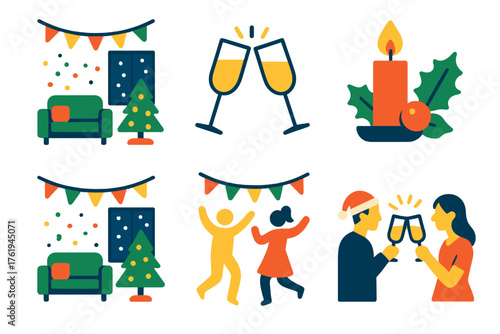Winter Holidays Celebration flat icons: decorated hall, garlands, joyful toasts, warm candlelight, snow outside, dancing figures. , , High resolution, sharp vector-like appearance,