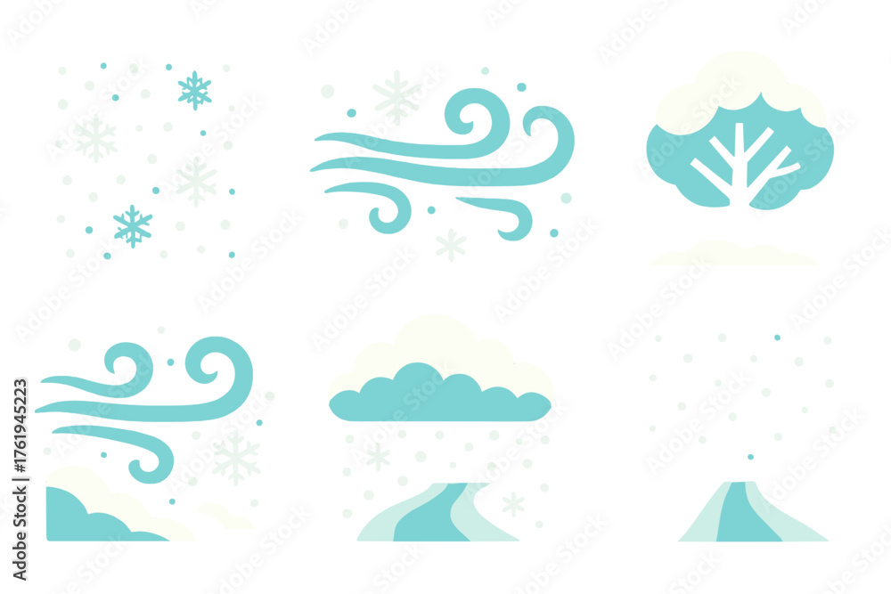 Snowfall Variations Heavy Storm flat icons: dense snow cluster, swirling wind, icy gust, snow-covered tree, blowing drift, thick cloud, frozen path, dark horizon.