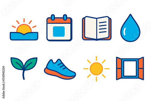 New Year Vibes Fresh Start flat isometric set: sunrise horizon, new calendar page, clean notebook, water droplet, leaf sprout, running shoes, shining light, open window.