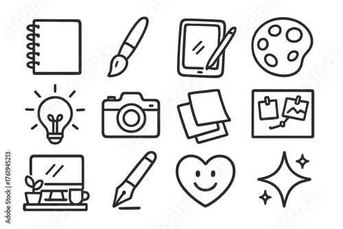 Creative Work-from-Home Tools set of icons in doodle hand-drawn vector style: sketchbook, paintbrush, tablet, color palette, idea bulb, camera, sticky notes, moodboard, desk setup,