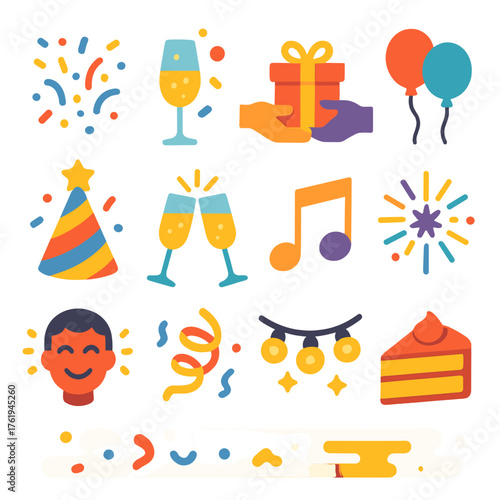 Holiday Gifting Celebration — Vibrant Flat Vector flat icons: confetti, champagne glass, gift exchange, balloons, party hats, clinking glasses, music notes, fireworks, glowing