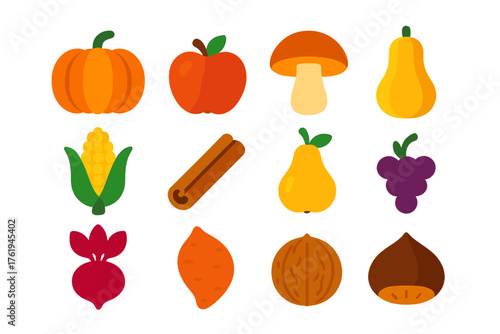 Autumn Ingredients flat icons: pumpkin, apple, mushroom, squash, corn, cinnamon stick, pear, grape, beet, sweet potato, walnut, chestnut.