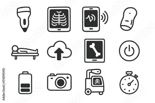 Portable Medical Imaging set of icons in doodle hand-drawn vector style: handheld scanner, tablet display, mobile app, wireless sensor, patient bed, upload cloud, imaging result,