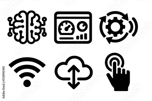 Intelligent Control silhouette set: AI core, smart dashboard, automation wheel, data flow, voice icon, Wi-Fi, cloud connection, touchscreen. , , High resolution, sharp vector-like