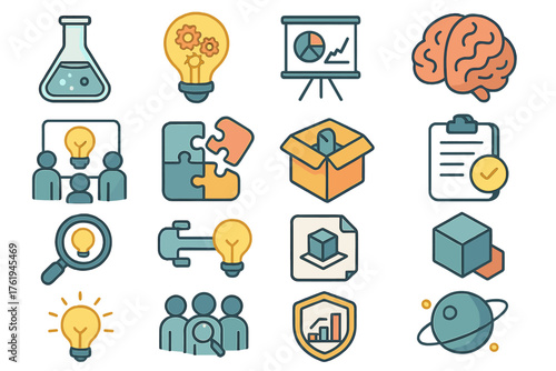 Innovation Lab Icons set icons in modern isometric flat vector style: lab flask, light bulb with gears, research chart, creative brain, team idea board, problem solving icon,