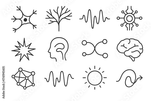 Neural Dynamics outline icon set: firing neuron, branching lines, pulse wave, data circuit, energy spark, thought flow, synaptic bridge, brain outline, glowing network, oscillation