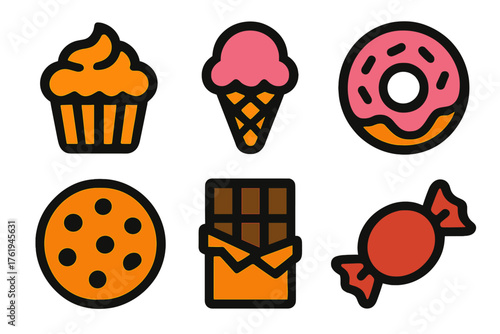 Sweet desserts silhouette set: cupcake, ice cream cone, donut, cookie, chocolate bar, candy.