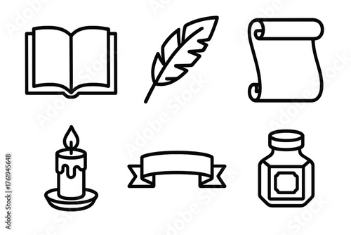 Classic prologue outline icon set: open book, feather quill, scroll, candle, ribbon, ink bottle.
