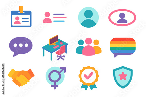Professional Pronoun Display Set flat isometric set: ID badge, email signature, profile icon, name tag, speech bubble, office desk, team avatar, chat message, diversity flag,