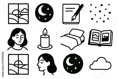 Slow Winter Days Reflection — Dreamy Flat Vector outline icon set: sunrise window, moonlit night, pen and notebook, snow outside, quiet thoughts, candle glow, warm bed, photo album