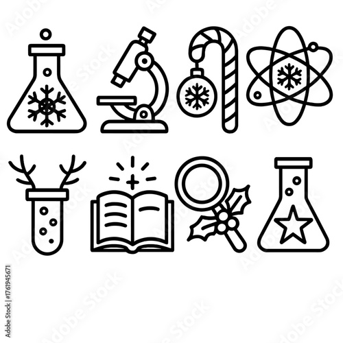 Festive Scientific Research outline icon set: snowflake flask, ornament microscope, candy cane DNA strand, frosty atom symbol, reindeer test tube, glowing lab notebook, holiday