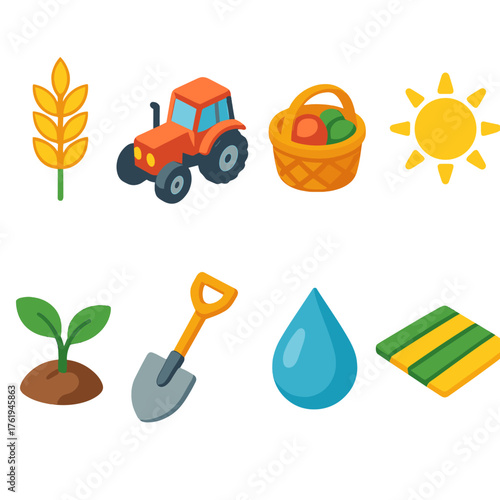 Crop Yield flat isometric set: wheat stalk, tractor, basket, sun, plant sprout, shovel, water droplet, field.