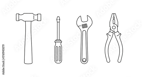 Illustration of Basic Hand Tools Hammer, Screwdriver, Wrench, and Pliers for Repair and DIY Projects