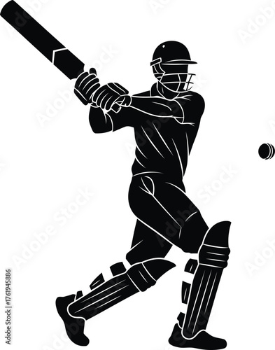 Silhouette of a cricketer batting in action