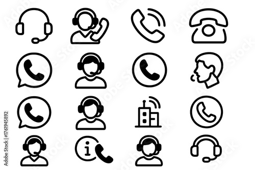 Support Hotline Icons outline icon set: headset with mic, operator with phone, customer support phone, help desk phone, support call icon, service hotline, chat bubble with phone,