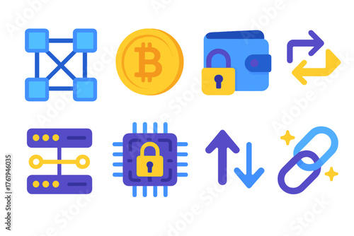 Crypto Network flat icons: blockchain pattern, coin with logo, secure wallet, transaction flow, server link, encrypted chip, crypto arrows, glowing chain. , , High resolution,