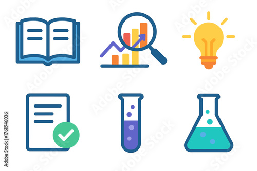Evidence-Based Thinking flat icons: open book, chart analysis, research icon, light spark, verified document, test tube.
