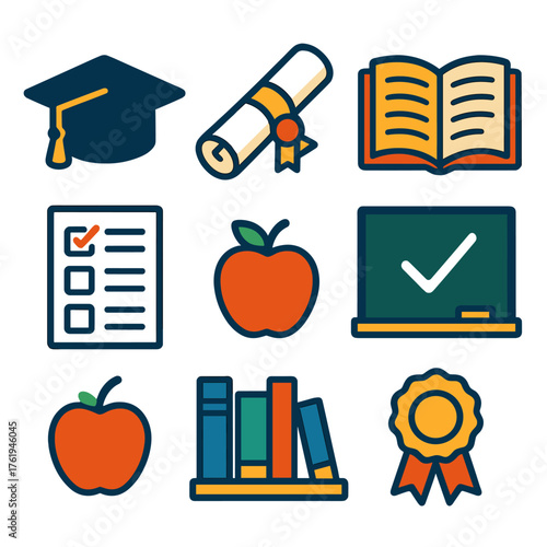 Academic Excellence flat icons: graduation cap, diploma scroll, open book, chalkboard, test paper, apple, library shelf, award ribbon.