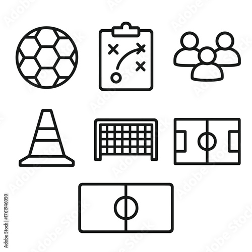 Team Drills outline icon set: soccer ball, coach board, players icon, cone marker, goal post, practice field.