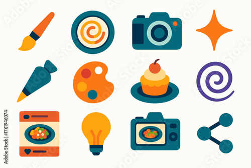 Creative Recipe Sharing flat icons: paintbrush, plate art, camera, spark icon, food styling tool, color palette, dessert plate, artistic swirl, social post, lightbulb, dish photo,