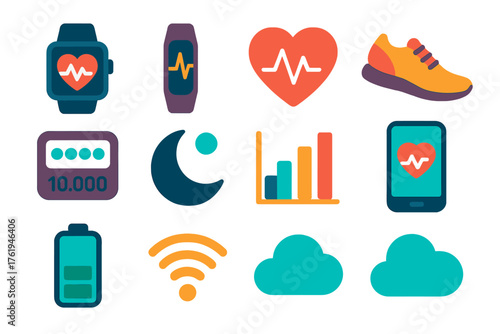 Wearable Monitoring flat icons: smartwatch, fitness tracker, heart, pulse, shoe, step counter, sleep, data chart, smartphone, battery, wireless signal, cloud. , , High resolution,