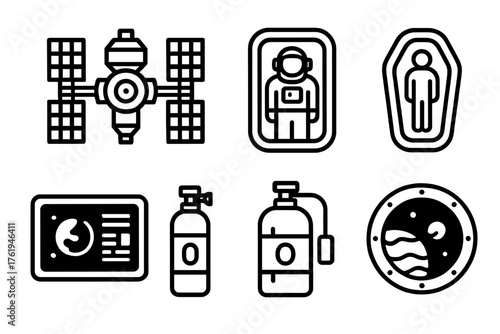 Space Habitat outline icon set: space station, astronaut inside module, solar panels, airlock door, sleeping pod, control screen, oxygen tank, planet view window. , , High