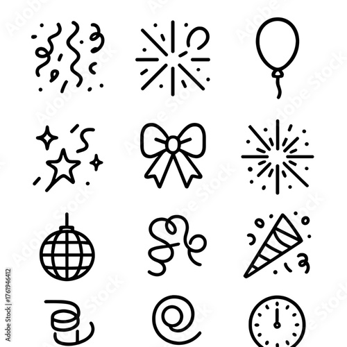 New Year Confetti outline icon set: confetti rain, starburst, ribbon twist, balloon, champagne glass, sparkle trail, gift bow, firework burst, party horn, disco ball, streamer roll