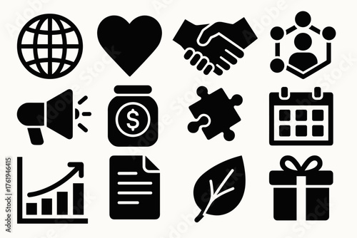 Social Impact Alliances silhouette set: globe icon, heart, handshake, people network, megaphone, donation jar, puzzle pieces, calendar, growth chart, document, leaf, gift box.