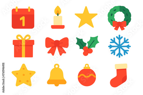 Advent Calendar flat icons: date window, candle flame, star, wreath, gift, ribbon, holly leaf, snowflake, cookie, bell, ornament ball, stocking. , , High resolution, sharp