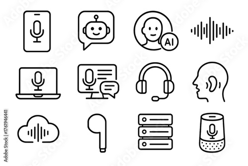 Digital voice outline icon set: smartphone mic, chatbot bubble, AI assistant, waveform, laptop with mic, speech-to-text screen, headset with mic, voice command icon, cloud with