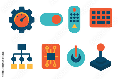 System Control flat icons: gear with dial, toggle switch, remote control, command keyboard, flowchart, circuit board, power button, joystick.